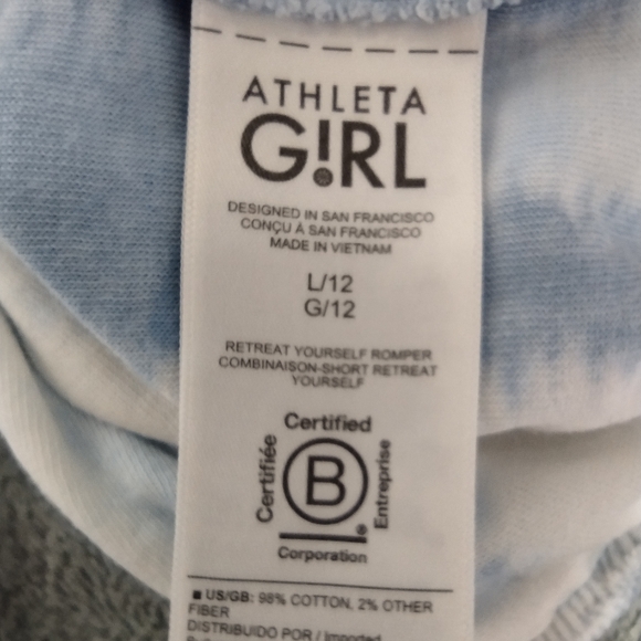 Athleta Girl Retreat Yourself Romper Girls L White Blue Tie Dye Athlesure Sporty - Picture 11 of 12